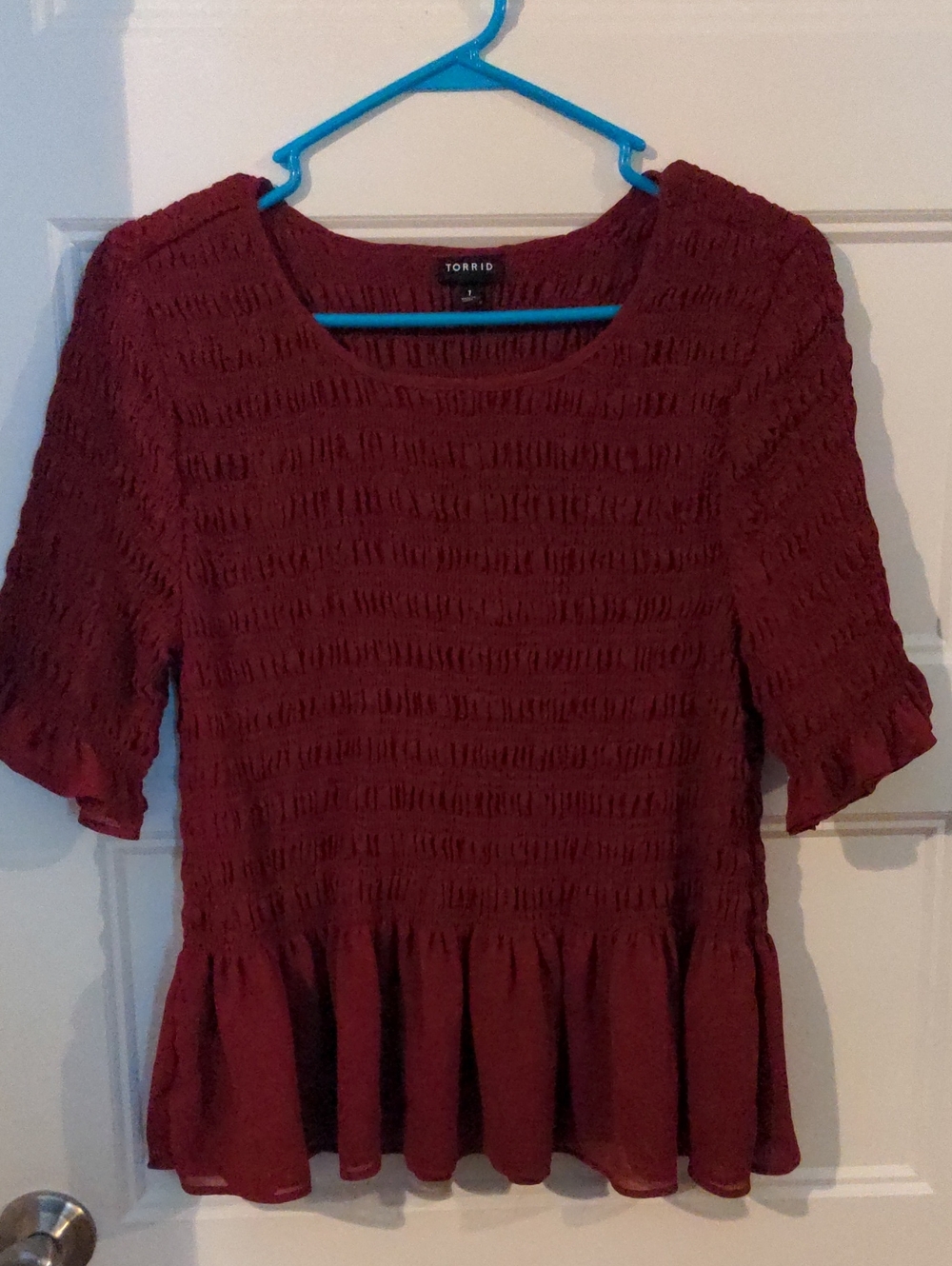 Torrid Dark Red Smocked Flutter Sleeve Peplum Top Size 1 1X